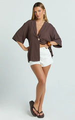 Joanna Top - Button Up Collared Short Sleeve Shirt in Chocolate