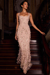 Embellished Appliqué Soft-Scoop Corset Gown in Gold