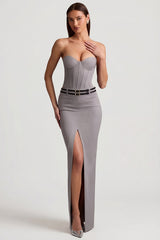 Pinstripe Low-Rise Maxi Skirt in Grey