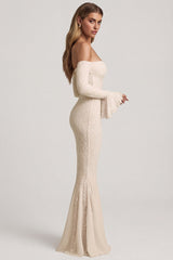 Off-Shoulder Ruffle Lace Maxi Dress in Ivory