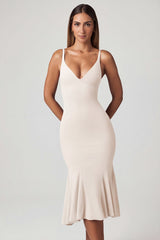 V-Neck Godet  Midaxi Dress in Ivory