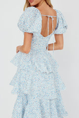 Giavana Puff Sleeve Layered Maxi Dress Floral Blue