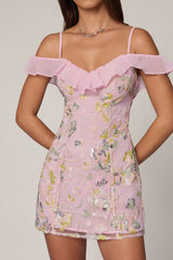 Embellished Lace-Up A-Line Mini Dress in Soft Pink