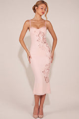 Embellished Peekaboo Fluted-Hem Midaxi Dress in Pink