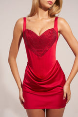 Premium Satin Sweetheart-Neck A-Line Mini Dress in Rose Red