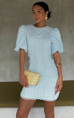 Laila Mini Linen Blend Dress - High Neck Side Cut Out Puff Sleeve Straight Dress in Blue