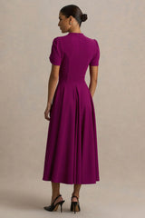 Vicky | Mulberry High Neck Midi Dress With Puff Sleeves