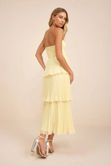 Seriously Sensational Light Yellow Strapless Tiered Midi Dress