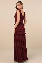 Compelling Romantic Burgundy Ruffled Tiered Maxi Dress