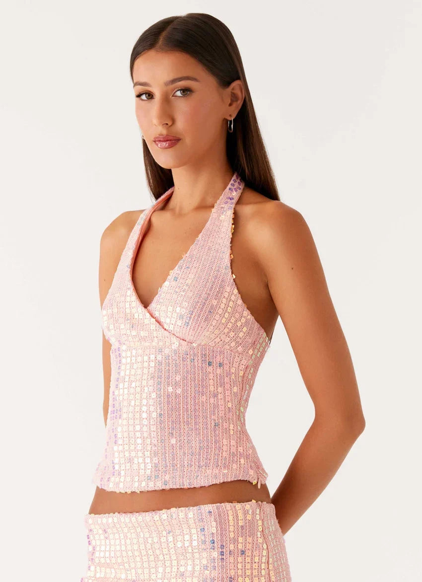 Been That Girl Halter Knit Sequin Top - Iridescent Pink