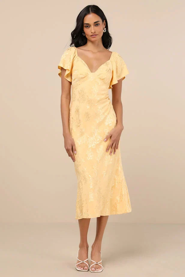 Effervescent Afternoon Yellow Satin Flutter Sleeve Midi Dress