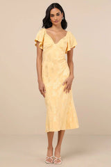 Effervescent Afternoon Yellow Satin Flutter Sleeve Midi Dress