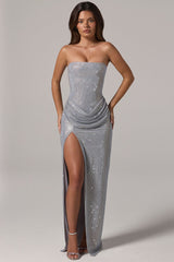 Embellished Bandeau Cowl-Waist Maxi Dress in Silver