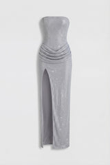 Embellished Bandeau Cowl-Waist Maxi Dress in Silver