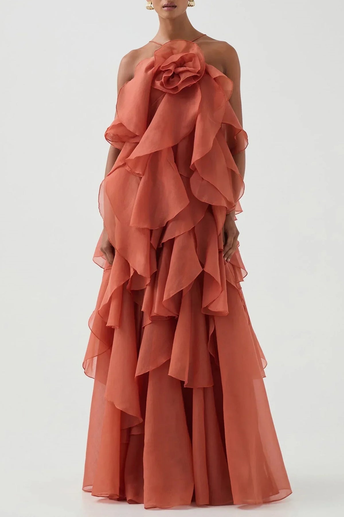 Caysie Halter Floral Ruffle Layered Maxi Dress - Orange