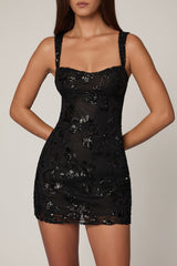 Embellished A-line Mini Dress in Black