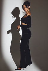 Velvet Off-Shoulder Ruched Crop Top in Jet Black