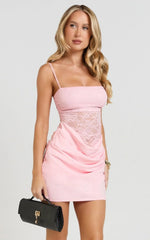 Rania Mini Dress Square Neck Cowl Waist Lace Dress in Pink