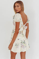 Annabella Puff Sleeve Tied Back Mini Dress Floral Butter