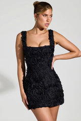 Floral-Appliqué Square-Neck Corset Mini Dress in Black
