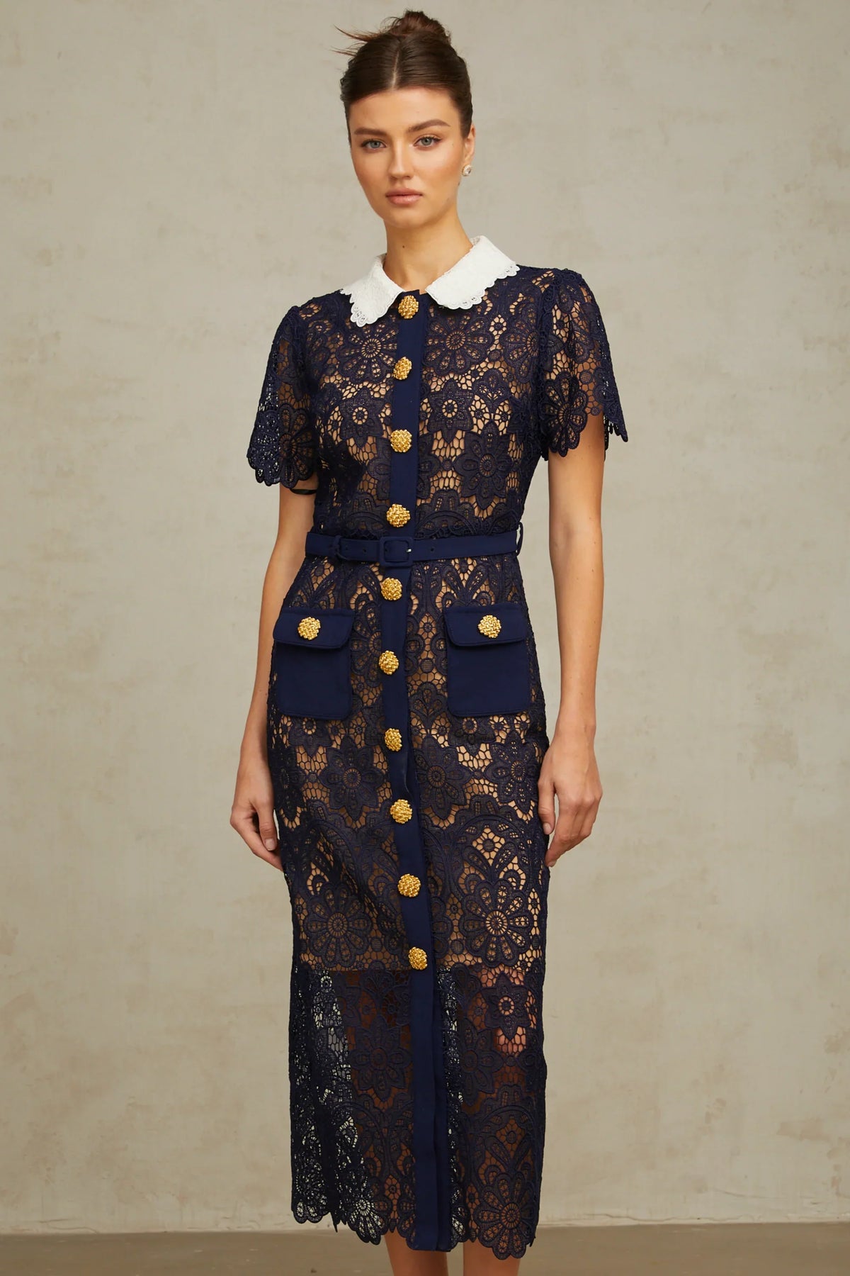 Ariane dark-blue floral crochet-lace midi dress