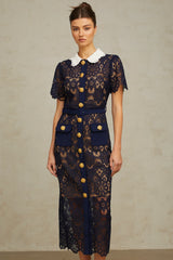 Ariane dark-blue floral crochet-lace midi dress