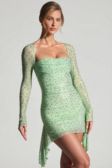 Embellished Draped Cowl-Neck Mini Dress in Pistachio