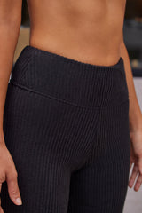 Soft Rib High Waist Fold Over Trousers in Black