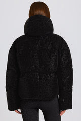Waterproof Cropped Oversized Ski Jacket in Black Leopard