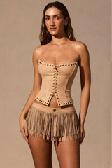 Fringed Low-Rise Mini Shorts in Tan
