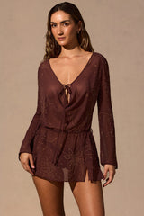 Long-Sleeve Mini Dress in Espresso Brown
