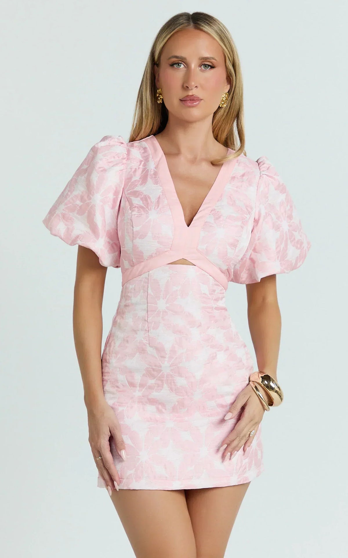 Diana Mini Dress - Jacquard Short Sleeve Cut Out Dress in Light Pink