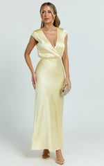 Hailey Midi Dress - Cap Sleeve V Neck Dress in Lemon