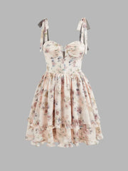 Chiffon Floral Bowknot Layered Ruffle Hem Mini Dress