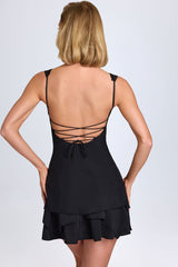 Ruffle-Trim Button-Detail Corset Mini Dress in Black