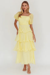 Giavana Puff Sleeve Layered Maxi Dress Lemon