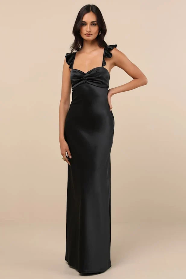 Exuberant Luxury Black Satin Ruffled Lace-Up Maxi Dress