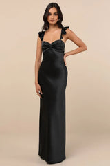Exuberant Luxury Black Satin Ruffled Lace-Up Maxi Dress