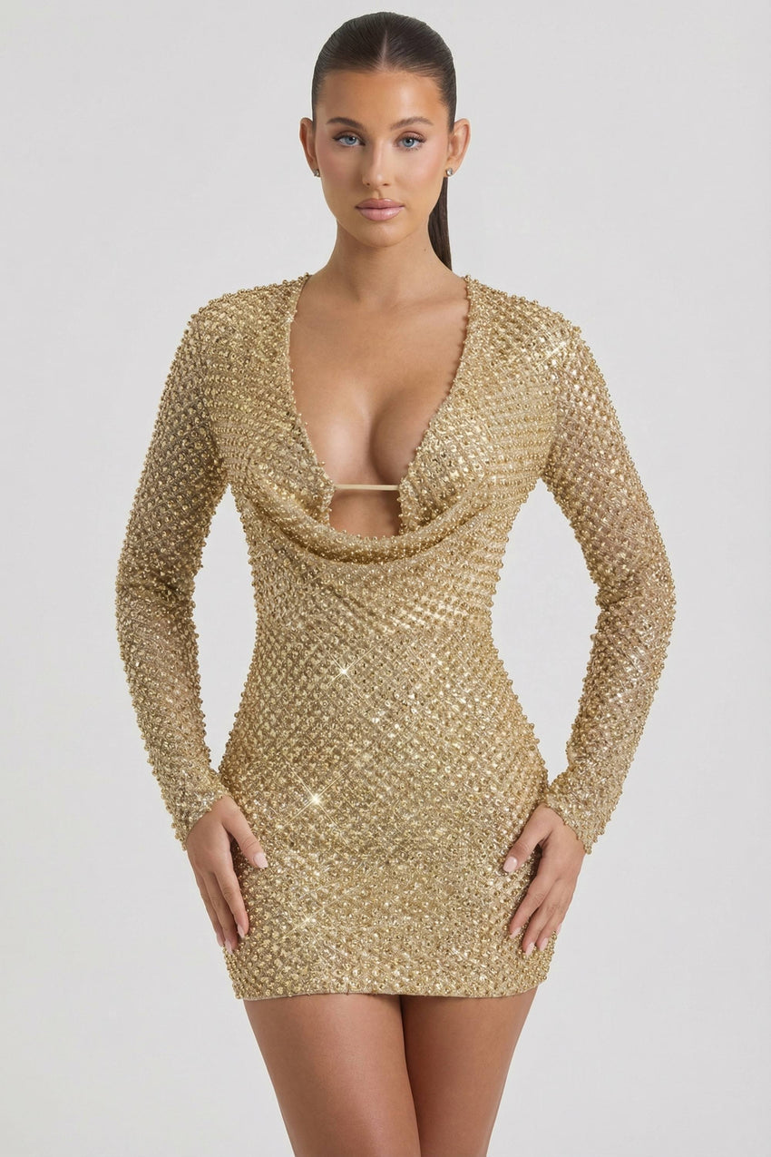 Embellished Cowl-Neck Mini Dress in Gold