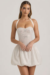 Embellished Halterneck Bubble Hem Mini Dress in Ivory