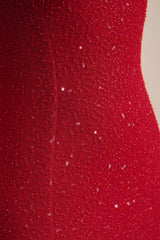 Embellished Strapless Cowl-Neck Maxi Dress in True Red
