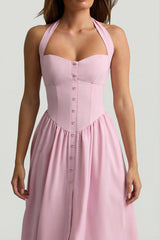Button-Detail Halterneck Midaxi Dress in Soft Pink