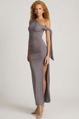 Off-Shoulder Ruched Tie-Detail Maxi Dress in Steel Grey