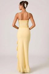 Embellished Ruffle-Trim Corset Gown in Yellow